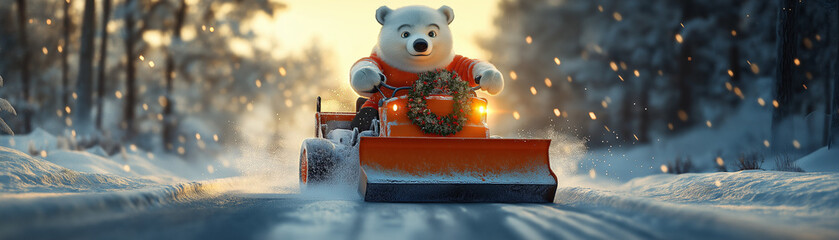 Bear driving a snow plow with a Christmas wreath on the front, clearing the road while snow falls gently around