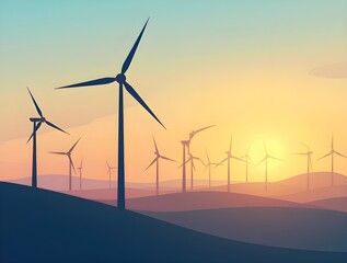 Wind farm at sunset with turbines in silhouette and colorful sky illustration