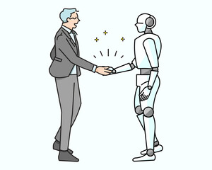 Fototapeta premium Business person and robot shake hands startup - development team working together - Vector illustration