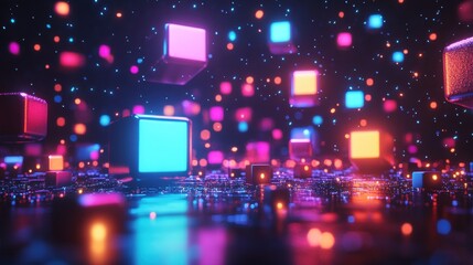 Vibrant digital cubes float in a luminous, abstract space, creating a futuristic atmosphere.