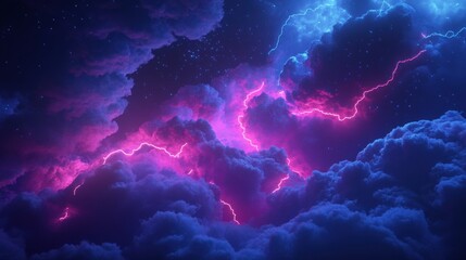 Obraz premium Dramatic purple and blue clouds illuminated by lightning in a vibrant night sky.