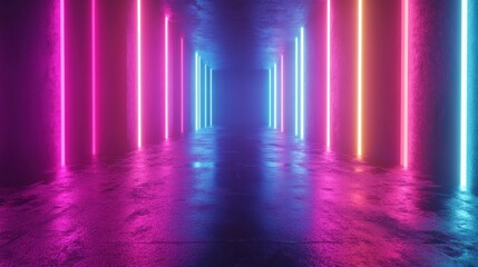 A vibrant, futuristic corridor illuminated by neon pink and blue lights, creating an energetic and surreal atmosphere.