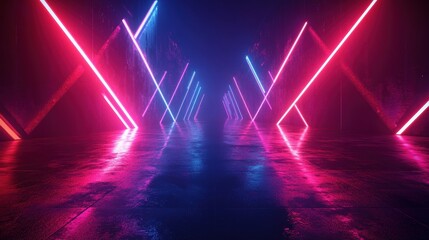 A vibrant, futuristic scene with dramatic neon lights casting colorful reflections on a wet floor.