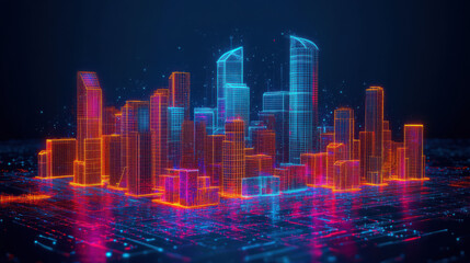 vibrant city skyline visualized with glowing neon lights and digital effects