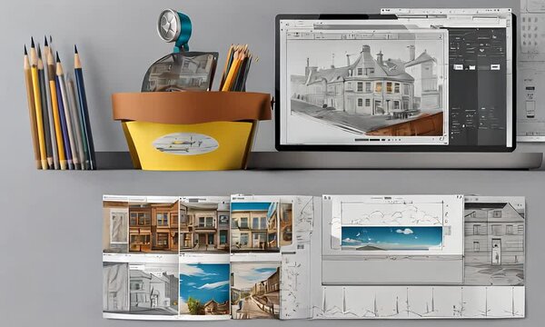 Develop an animation that shows the evolution of a graphic design from hand-drawn sketches to fully digital vector art, with each stage clearly illustrated. Include smooth transitions between the diff