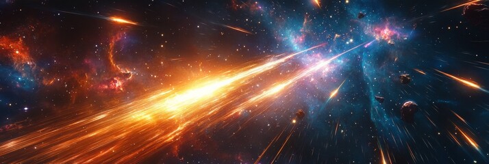 Vivid meteor shower illuminating a radiant nebula, cosmic colors swirling in a celestial dance, enchanting night sky spectacle