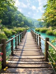 Obraz premium A scenic wooden bridge spanning a clear river with a lush summer backdrop, wooden bridge, river, outdoors