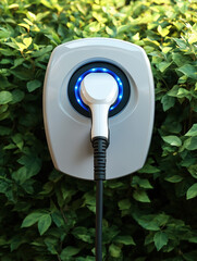 A white electric car charging station is mounted on a wall, surrounded by green bushes