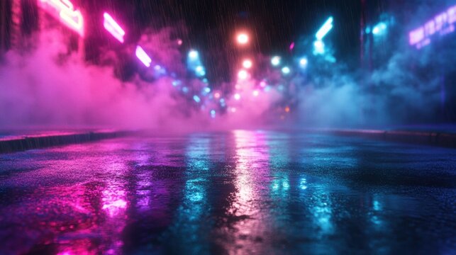 A vibrant, rain-soaked street scene featuring glowing neon lights in shades of pink and blue.