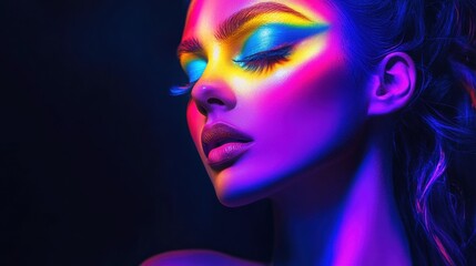 Obraz premium Close-up of a young Caucasian woman with vibrant, colorful makeup and highlighted features against a dark backdrop.