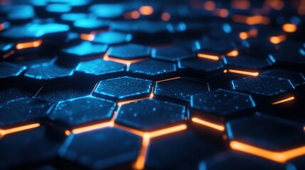 Obraz premium Abstract close-up of a futuristic hexagonal pattern with glowing blue and orange elements.