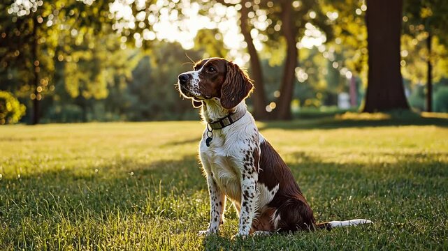 Cute Brown Beagle Puppy Sitting on Grass in Nature Outdoors