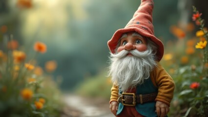 Obraz premium A gnome with a long white beard and a red hat