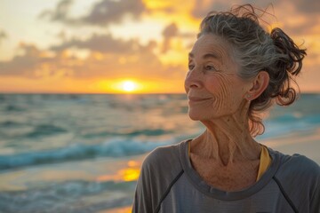 Fototapeta premium Portrait of a content woman in her 80s sporting a long-sleeved thermal undershirt in beautiful beach sunset
