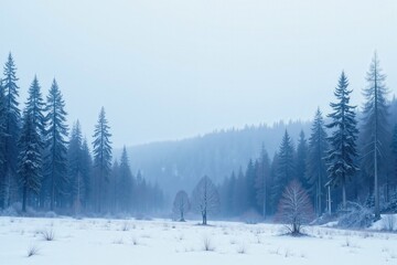 Fototapeta premium Tranquil winter landscape with snow-covered forest and frosty atmosphere in serene nature setting.