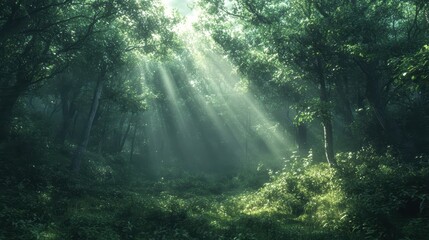 Obraz premium Serene forest with sunlight filtering through lush green trees.