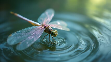 A dragonfly sitting on top of a body of water