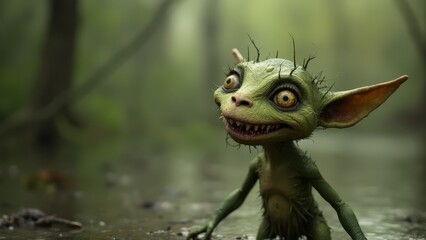 Fototapeta premium A small green creature standing in a puddle of water