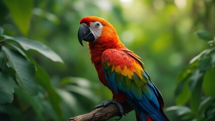 Obraz premium A colorful parrot sitting on a branch in a forest