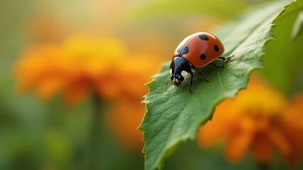 Fototapeta premium A ladybug sitting on top of a green leaf