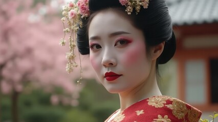 A woman in a red kimono with flowers in her hair