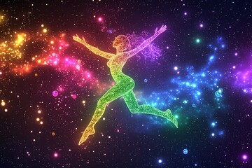 Fototapeta premium A graceful woman stands in a swirling spectrum of colors, embodying the essence of cosmic energy. The background features a starry night sky, creating an ethereal atmosphere. Generative AI