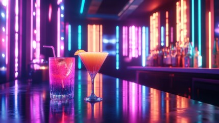 Two vibrant cocktails illuminated by neon lights in a lively bar setting, creating a festive and inviting atmosphere.