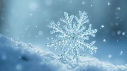 A snowflake in the middle of a snow covered field