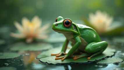 Naklejka premium A green frog sitting on top of a lily pad