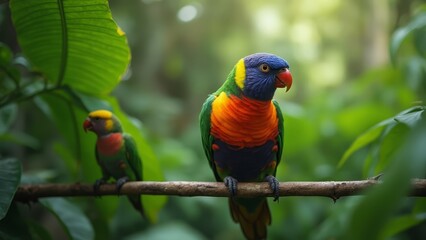 Obraz premium A couple of colorful birds sitting on top of a tree branch