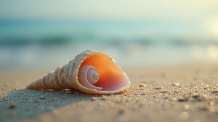 Obraz premium A shell on the beach with the ocean in the background