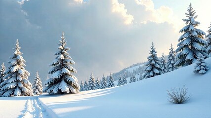 Naklejka premium Minimalist Snowy Hill Pine Trees AI Art, Winter Landscape, Depth, Mood, Lighting, Atmosphere, Style, Quality