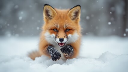 Obraz premium A red fox running through the snow in the woods