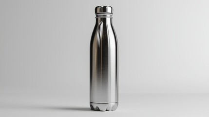 A shiny stainless steel water bottle standing upright on a clean white background. The smooth surface reflects subtle highlights, and its modern design emphasizes practicality and style. Perfect 