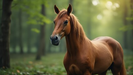 Obraz premium A brown horse standing in the middle of a forest