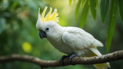 A white bird with a yellow mohawk sitting on a branch