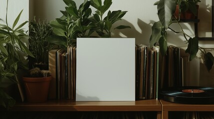 Blank vinyl record cover amidst indoor plants for design and decor inspiration