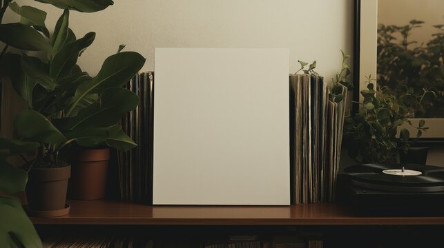 Blank vinyl record cover in cozy home setting with plants for design mockup