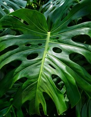 Lush green Monstera deliciosa leaf, showcasing its unique fenestrations and vibrant color.