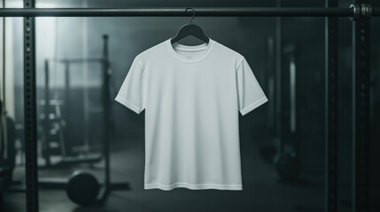 Blank white t-shirt hanging in industrial gym setting for apparel branding and design