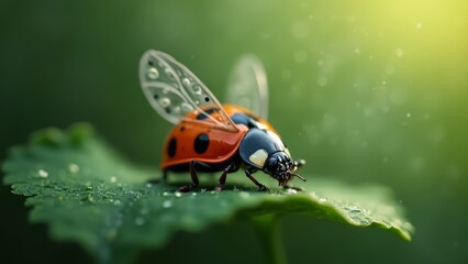 Fototapeta premium A ladybug sitting on top of a green leaf