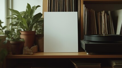 Blank vinyl record cover on wooden shelf with plants and turntable for mockup design