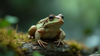A green frog sitting on top of a moss covered log