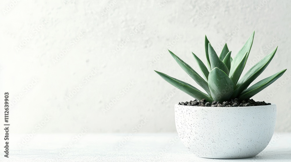 Wall mural A single potted cactus in a matte white ceramic pot, placed against a white background. The rich green of the plant and the simple pot design create a modern and clean aesthetic. Ideal for minimalisti