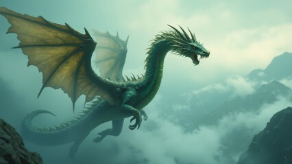 Fototapeta premium A green dragon flying through the air over a mountain range
