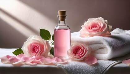 Pink roses and rose-infused oil on a soft towel.  A relaxing spa scene.