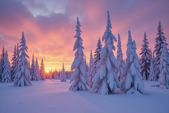 Tranquil snowy pine forest at sunrise with colorful winter sky.