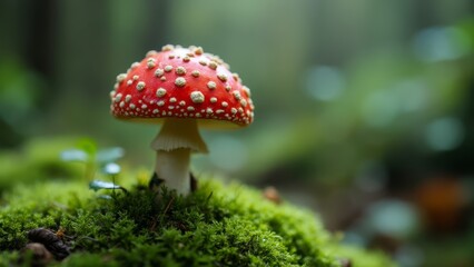 A red and white mushroom sitting on a moss covered rock