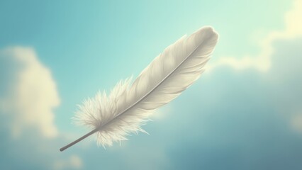 A white feather floating in the air with a blue sky in the background