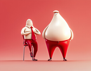 Characters in lively red attire engaging in a humorous interaction against a bright pink backdrop